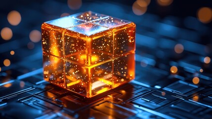 A luminous, translucent cube rests atop a sleek computer keyboard, casting soft reflections on the keys. The background is softly blurred, hinting at a modern workspace ambiance.