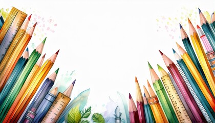 Fototapeta premium border frame of pencils and rulers background with copy space, educational concept