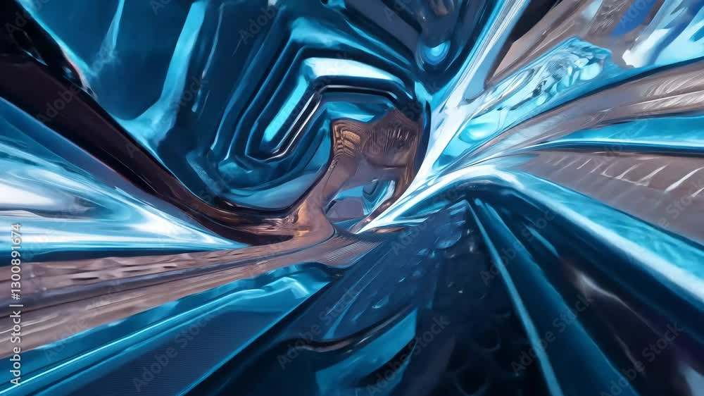 Poster abstract flowing liquid metal tunnel animation seamless loop of dynamic metallic forms in blue, brow