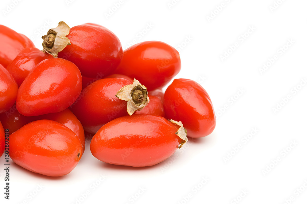 Poster a close-up shot showcases a small pile of vibrant red fruits with visible stems, creating a visually