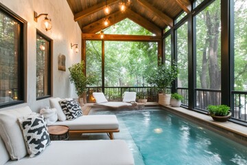 A luxurious hot spring spa with modern amenities, including a sleek wooden deck and plush loungers nearby