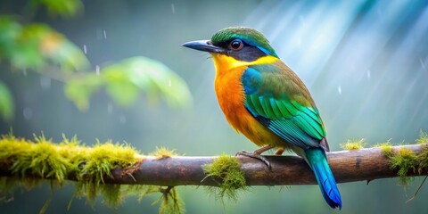 Fototapeta premium Vibrant feathered jewel perched on mossy branch, rain droplets falling softly in the background, a captivating moment of nature's artistry.