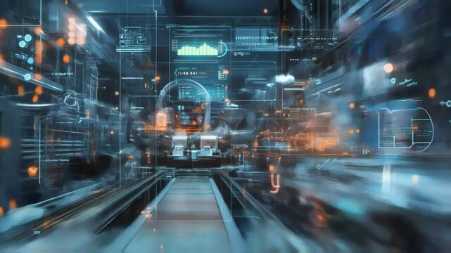 A futuristic control panel featuring a multidimensional holographic interface showcases interlinked machinery within the factory with dotted lines indicating connectivity and data flow