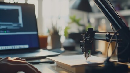 Close-up of CNC machine carving design on wood in maker space