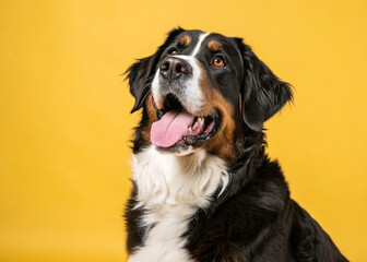 bernese mountain dog portrait in a studio with a yellow background
