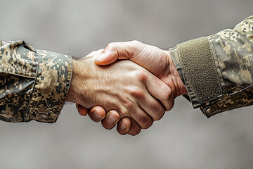 Handshake of men's hands in military uniform. Military brotherhood, support of colleagues. Awarding, promotion.