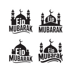 eid mubarak typography calligraphy silhouette vector design islamic festival illustrations with mosque