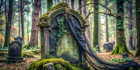 Obraz premium An aged stone memorial, draped in somber fabric, rests amidst a tranquil forest, overgrown with moss and ivy, a testament to time and nature's gentle embrace.