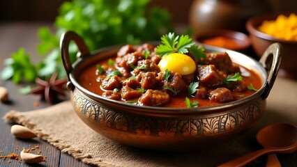 A mouthwatering plate of kadai gosht, a popular Indian dish, sitting on a rustic wooden table, garnished with fresh cilantro and a sprinkle of garam masala, with tender pieces of lamb or goat cooked i