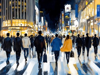 Obraz premium Evening crowd walking in city street, lights, nightlife