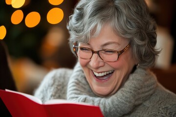 A retiree laughing while reading a humorous retirement card from friends