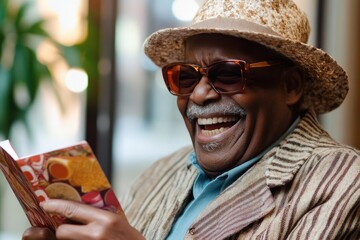 A retiree laughing while reading a humorous retirement card from friends