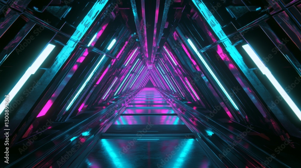 Poster 4k futuristic neon corridor with colorful laser lines and glowing triangles. seamless loop abstract 