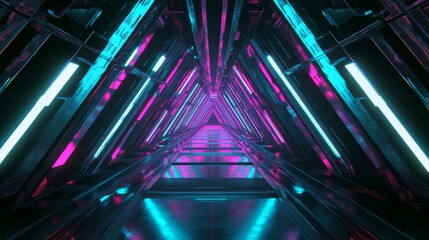 Fototapeta premium 4K Futuristic Neon Corridor with Colorful Laser Lines and Glowing Triangles. Seamless Loop Abstract Digital Background for Cyberpunk, Technology, and Sci-Fi Concepts