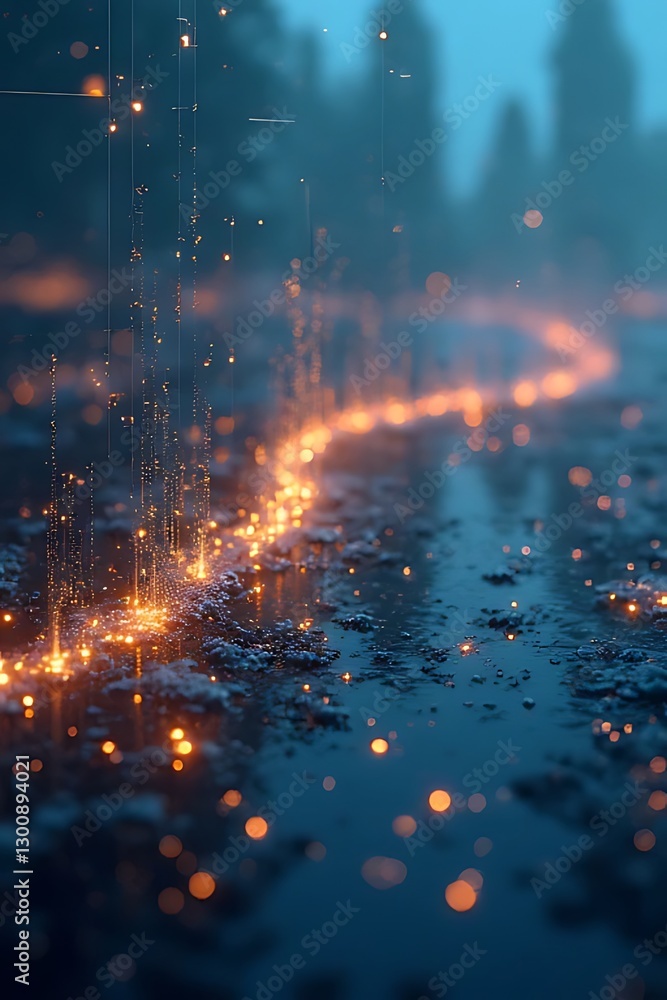 Poster abstract digital landscape with glowing particles and lines, creating a futuristic effect.