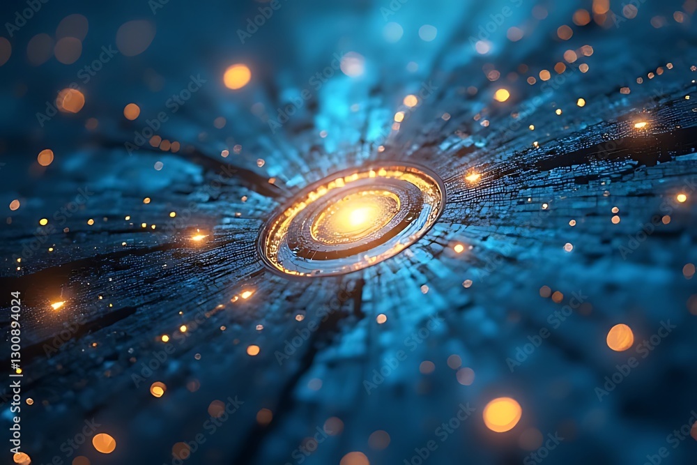 Poster abstract digital technology background with glowing central core and dispersed light points.
