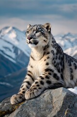 Fototapeta premium Majestic Snow Leopard Resting on Mountain Peak with Stunning View