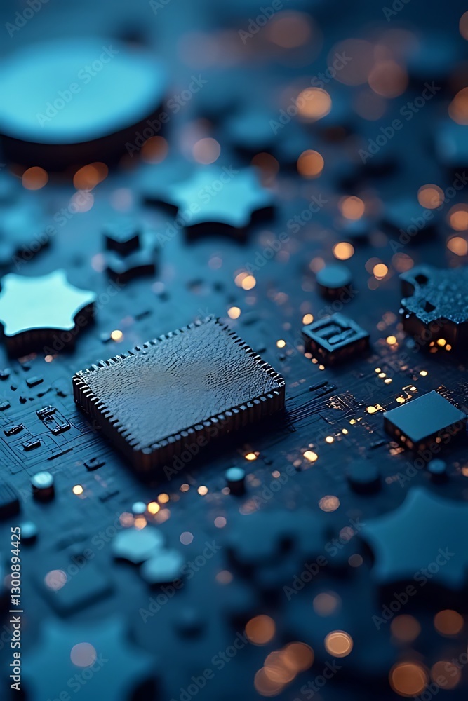 Poster close-up reveals complex circuit board featuring components with bokeh effect background.