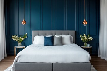 Elegant bedroom with gray bed, white linens, blue walls, and copper pendant lights.