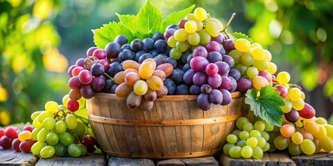 A bountiful harvest of colorful grapes in a rustic wooden basket, nestled amongst vibrant green foliage