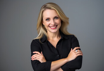 Smiling old woman with a big smile wearing a black shirt on a gray background