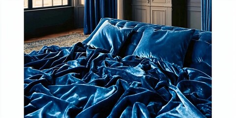 Luxury bed with blue velvet bedding: A luxurious bed is draped with rich blue velvet bedding, creating a scene of opulence and tranquility