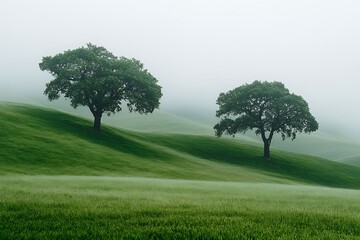 Fototapeta premium Misty morning, twin trees, rolling hills