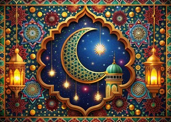 Fototapeta premium Eid Mubarak Night Photography: Colorful Islamic Arabesque Background, Arabic Pattern, Festive Lights