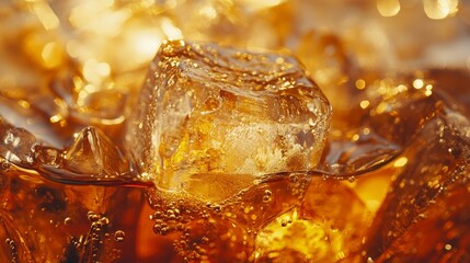 Close-up of ice cubes in an amber-colored drink, highlighting the contrast and texture. The image has a full depth of field in focus