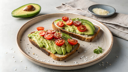 Fresh avocado toast on a ceramic plate