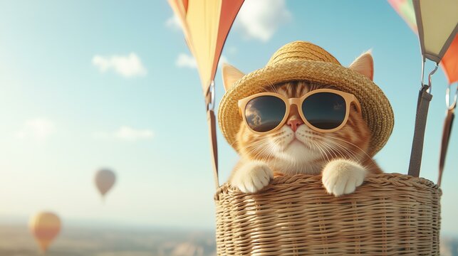 Cool cat in hot air balloon, adventurous cat in hot air balloon soaring high, stylish cat in hot air balloon ride, Cat in a hot air balloon wearing sunglasses.