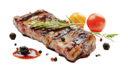 Grilled steak with fresh herbs and colorful tomatoes served on a white plate for a delicious dining experience, cut out