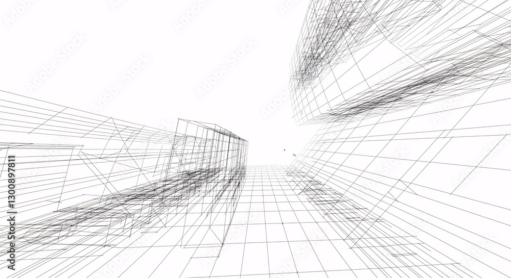 Poster a dynamic perspective of a futuristic building design, rendered as a complex wireframe