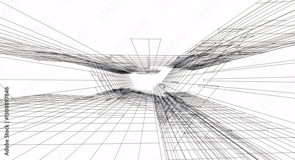 Poster a dynamic perspective view of a complex architectural wireframe model, likely representing skyscrape