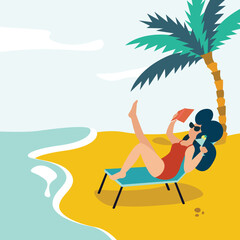 Fototapeta premium Girl on beach vacation vector illustarition