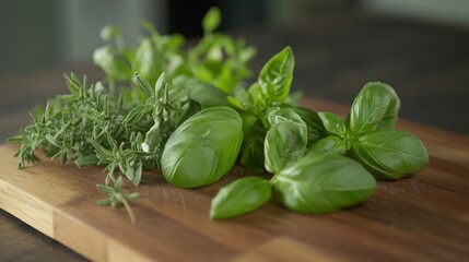 Fresh aromatic herbs on wooden surface creating a culinary delight, ideal for cooking themed background