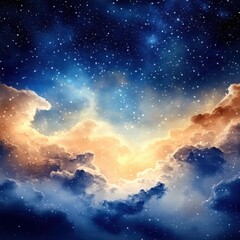 Fototapeta premium Vibrant Nighttime Sky Illuminated by Stars and Clouds With Hints of Warm Light Near Horizon