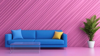 A large blue corner sofa against the wall with magenta geometric panels, an acrylic coffee table
