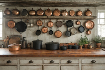 A cozy vintage kitchen in a rustic style. The wall is decorated with many copper and cast iron pots and pans, neatly hung on a wooden shelf. 