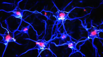 Highly Detailed Microscopic View of Neural Network Brain Cells with Glowing Synapses. Abstract Representation of Biological Neurons, Artificial Intelligence, and Neuroscience Concepts