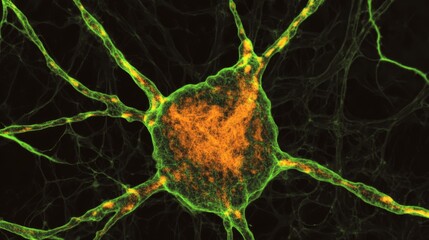 Highly Detailed Microscopic View of Neural Network Brain Cells with Glowing Synapses. Abstract Representation of Biological Neurons, Artificial Intelligence, and Neuroscience Concepts
