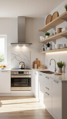 Luxurious modern kitchen with morning light reflections, culinary elegance