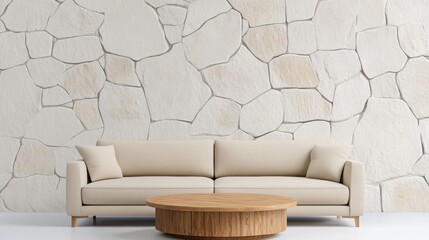 A living room with a beige sofa, wooden coffee table, and white carpet