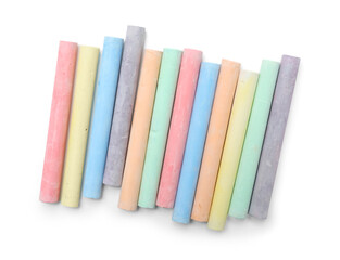 Row of colorful chalks on white background