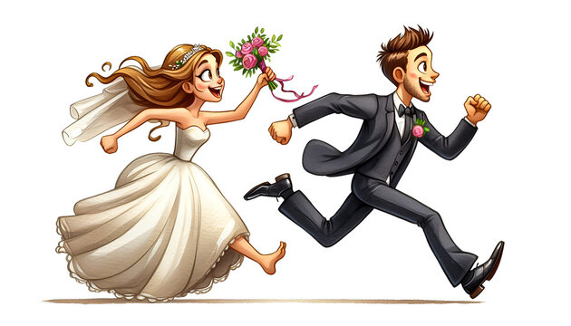 Watercolor Clipart of Funny Running Groom Chased by Bride. Watercolor clipart illustration isolated on a white background