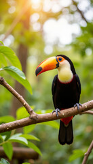 Naklejka premium Vibrant toucan perched on tree branch in rainforest, birdwatching adventure