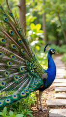 Fototapeta premium Elegant peacock displaying full plumage in garden setting, wildlife beauty