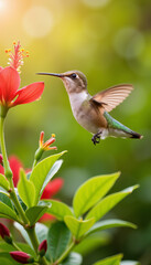 Fototapeta premium Hummingbird hovering near red flower in lush garden, spring beauty