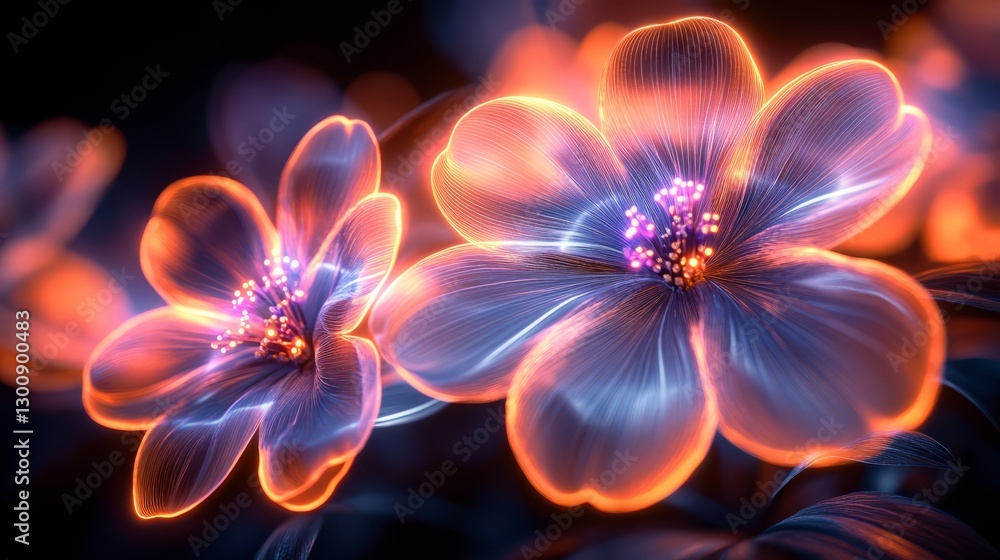 Poster abstract 3d rendering of flowers with glowing neon outlines on a black backdrop