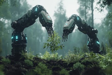 Fototapeta premium Futuristic Robotic Arms Nurturing a Small Green Plant in Nature